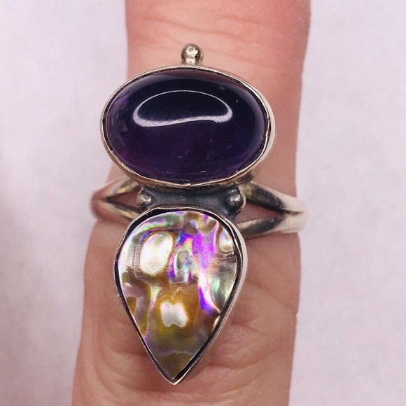 Sterling Silver Ring Amethyst Abalone Cab Stones Size 7 925 Night Signed - Picture 2 of 10